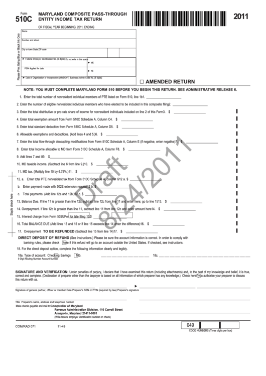 Form 510c - Maryland Composite Pass-Through Entity Income Tax Return - 2011 Printable pdf