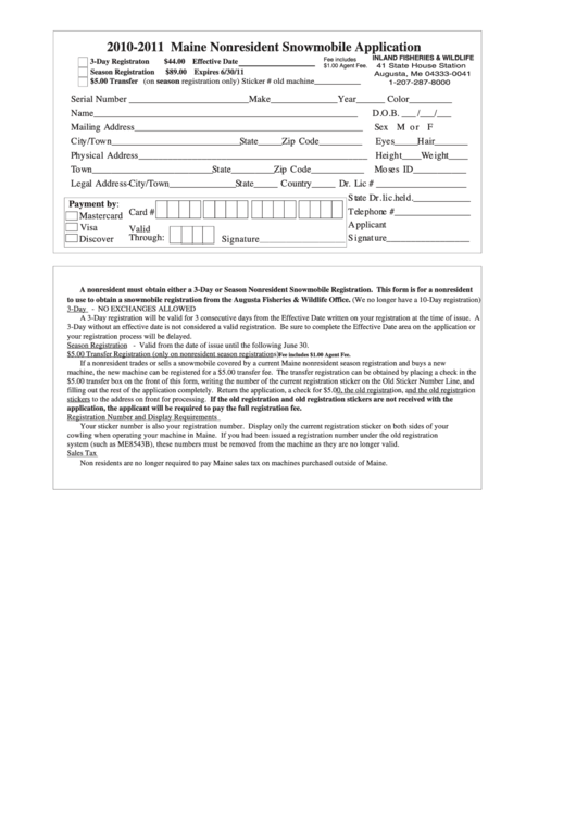 2010-2011 Maine Nonresident Snowmobile Application Form Printable pdf