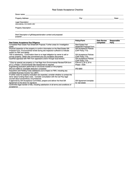 Fillable Real Estate Acceptance Checklist Form Printable pdf