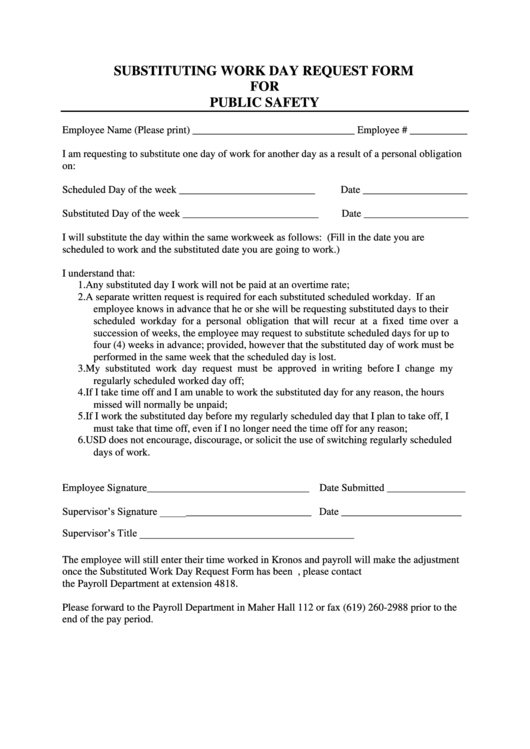 Substituting Work Day Request Form Printable pdf