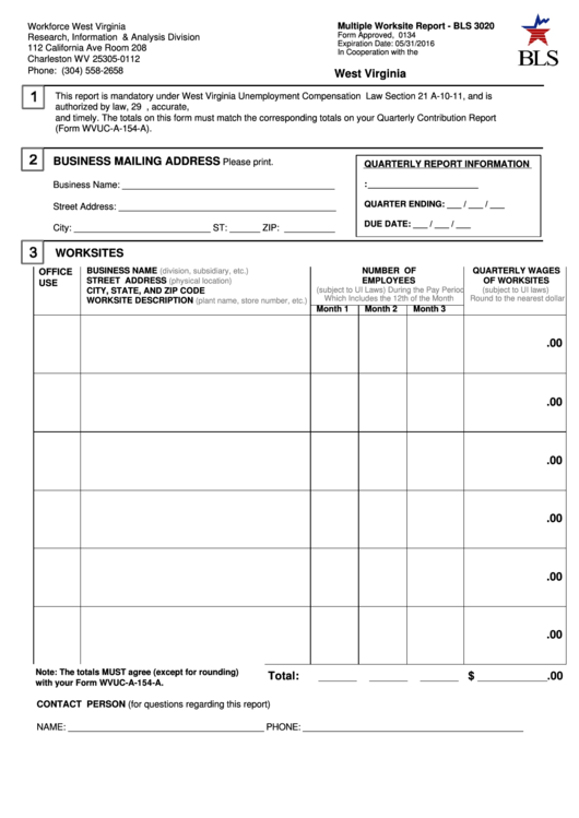 Fillable Form Bls 3020 - Multiple Worksite Report - Workforce West Virginia Printable pdf
