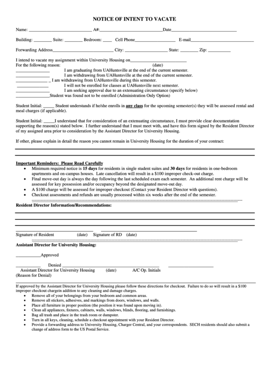 Notice Of Intent To Vacate Form Printable pdf