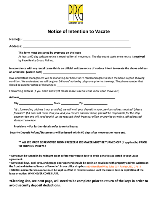 Fillable Notice Of Intention To Vacate Form Printable pdf