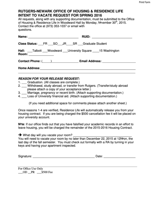 Rutgers Newark Office Of Housing-residence Life Vacate Request Form