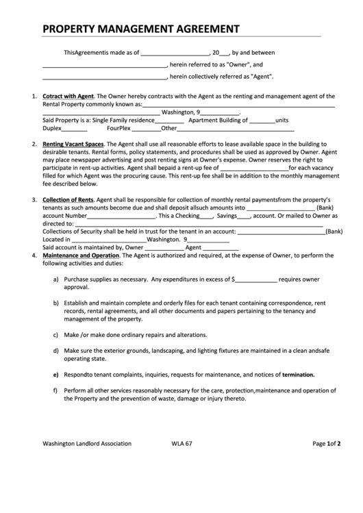 Fillable Form Wla 67-Property Management Agreement printable pdf download