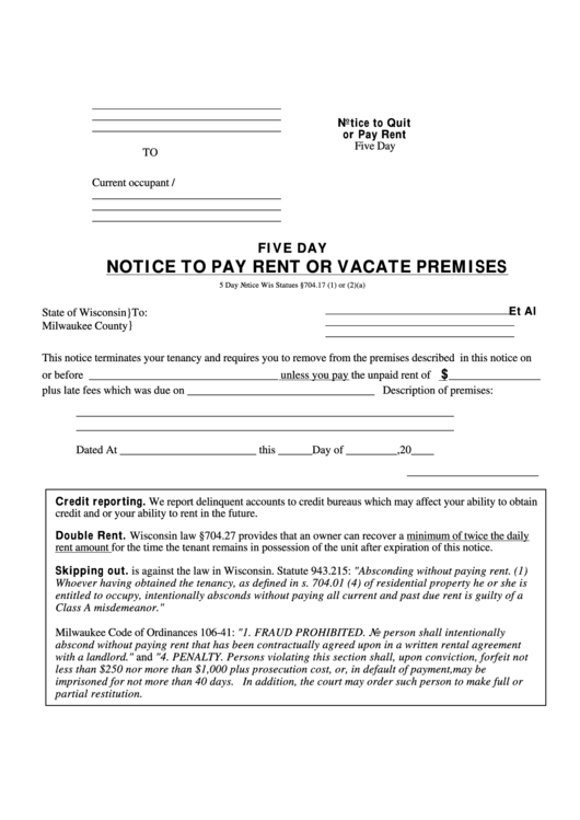 Fillable Notice To Pay Rent Or Vacate Premises Form printable pdf download