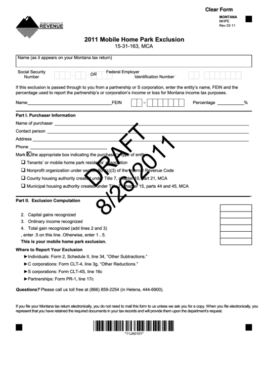 Fillable Form Mhpe Draft - Mobile Home Park Exclusion 2011 Printable pdf