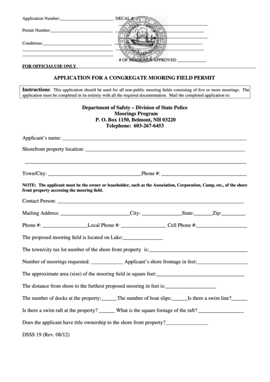 Form Dsss 19 - Application For A Congregate Mooring Field Permit