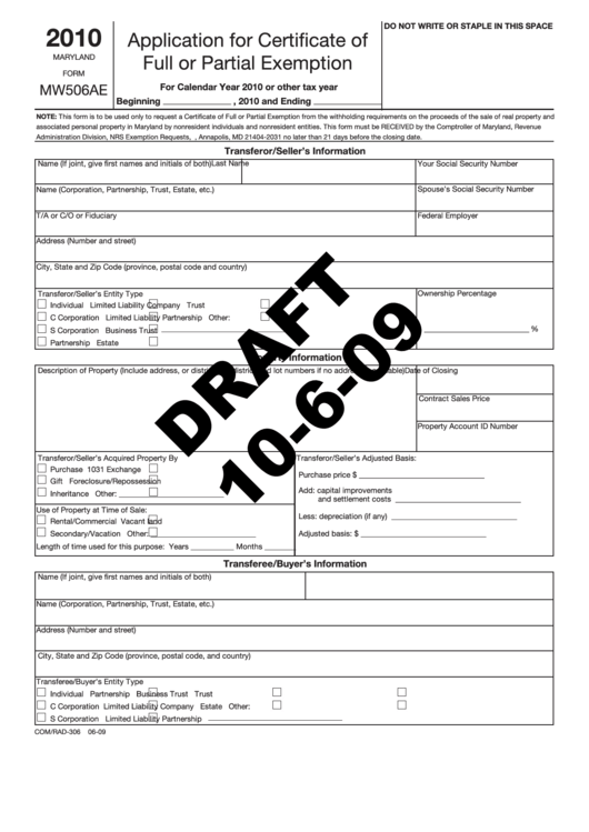 Maryland Form Mw506ae Draft - Application For Certificate Of Full Or Partial Exemption - 2010 Printable pdf