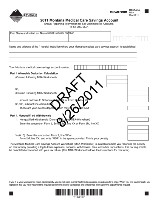 Fillable Montana Form Msa Draft - Montana Medical Care Savings Account - 2011 Printable pdf