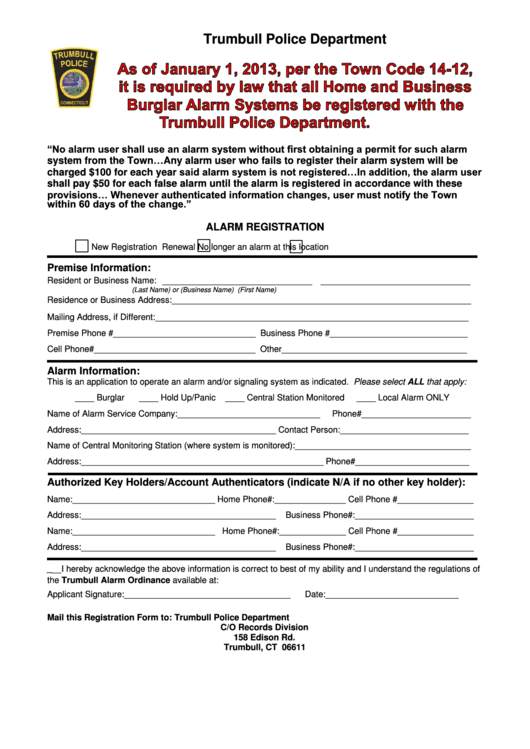 Alarm Registration-Trumbull Police Department Form Printable pdf