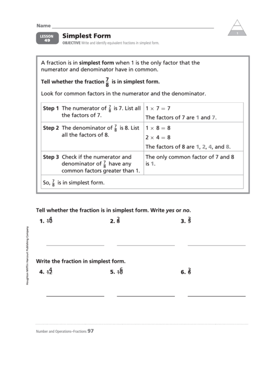 Simplifying Fractions Math Worksheet Printable pdf