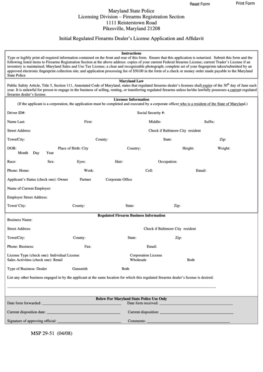 Fillable Form Msp 29-51 - Initial Regulated Firearms Dealer
