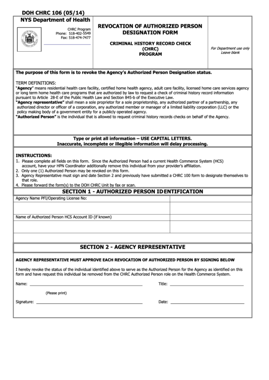 Doh Chrc 106 - Revocation Of Authorized Person Designation Form - Nys Department Of Health Printable pdf