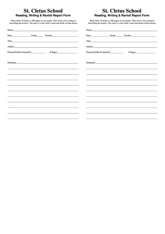 Reading, Writing / Ravioli Report Form Printable pdf