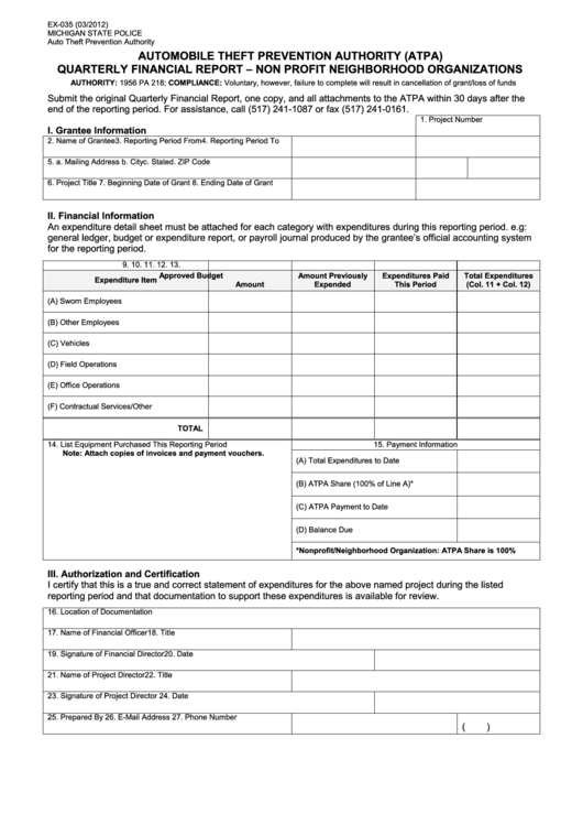 Fillable Form Ex 035 - Atpa Quarterly Financial Report - Non Profit Neighborhood Organizations Printable pdf