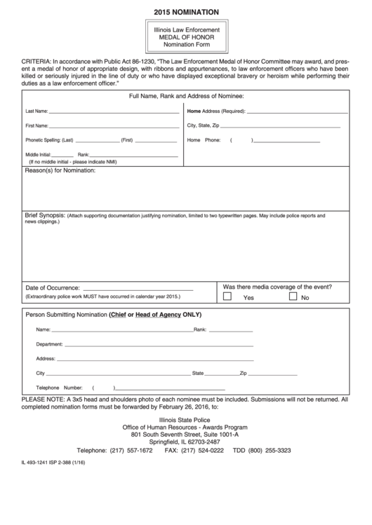 Form Il 493-1241-isp 2-388-illinois Law Enforcement Medal Of Honor Nomination Form