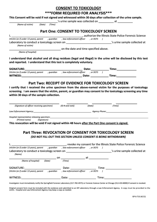 Fillable Form Isp 6-713 - Consent To Toxicology Printable pdf