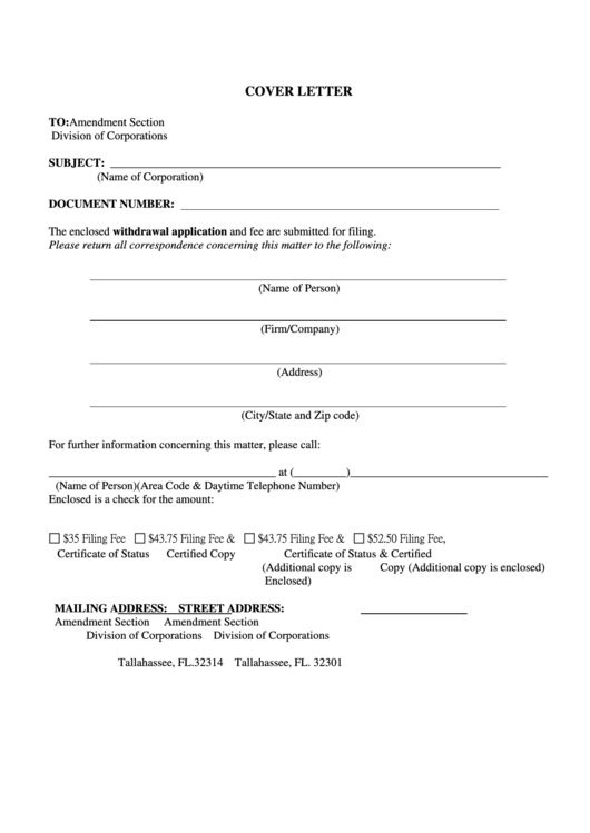 Fillable Cover Letter Template/application By Foreign Corporation For Withdrawal Of Authority To Transact Business Or Conduct Affairs In Florida - Amendment Section Division Of Corporations Printable pdf