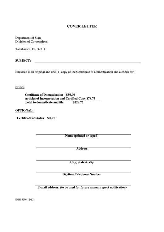 Fillable Form Inhs53b - Cover Letter - Not For Profit Certificate Of Domestication - Articles Of Incorporation Printable pdf
