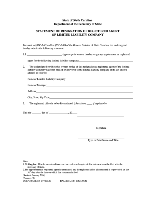 Form L-13 - Statement Of Resignation Of Registered Agent Of Limited Liability Company Printable pdf