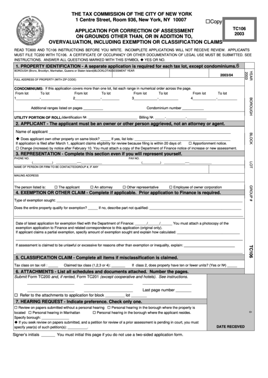Form Tc106 - Application For Correction Of Assessment On Grounds Other Than, Or In Addition To, Overvaluation, Including Exemption Or Classification Claims - 2003 Printable pdf