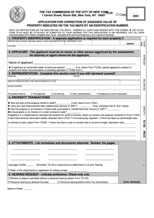 Form Tc105 - Application For Correction Of Assessed Value Of Property Indicated On The Tax Maps By An Identification Number - 2003 Printable pdf
