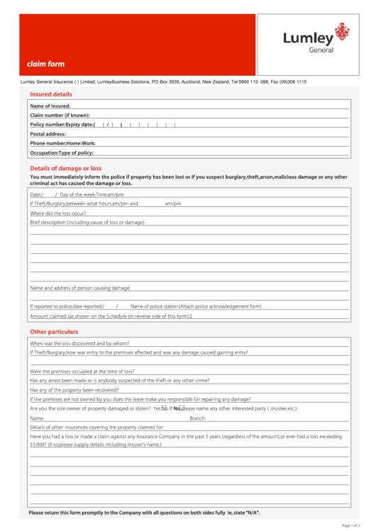 Form 451-Damage Claim Form-Lumly General Printable pdf