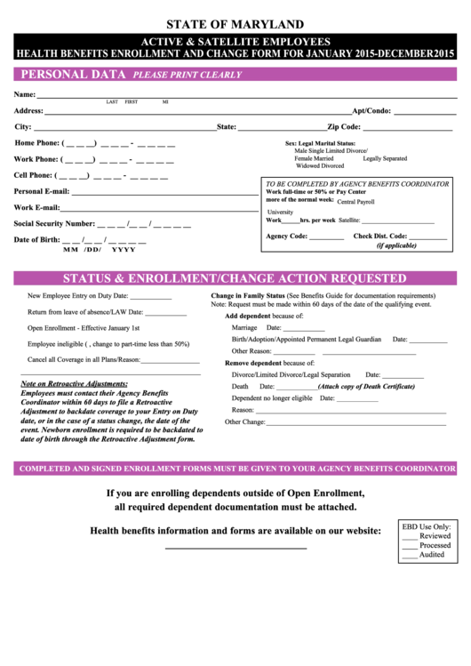 Fillable Form Asef14 - Active & Satellite Employees Health Benefits Enrollment And Change Form For 2015 Printable pdf