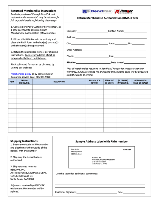 Return Merchandise Authorization Form