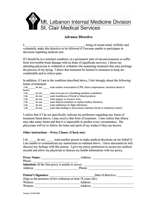 Advance Directive Medical Form Printable pdf