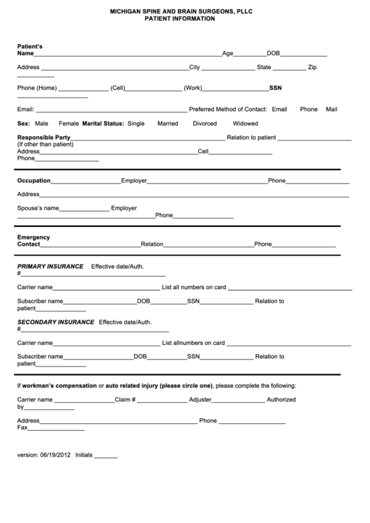Patient Information-Michigan Clinic Form Printable pdf