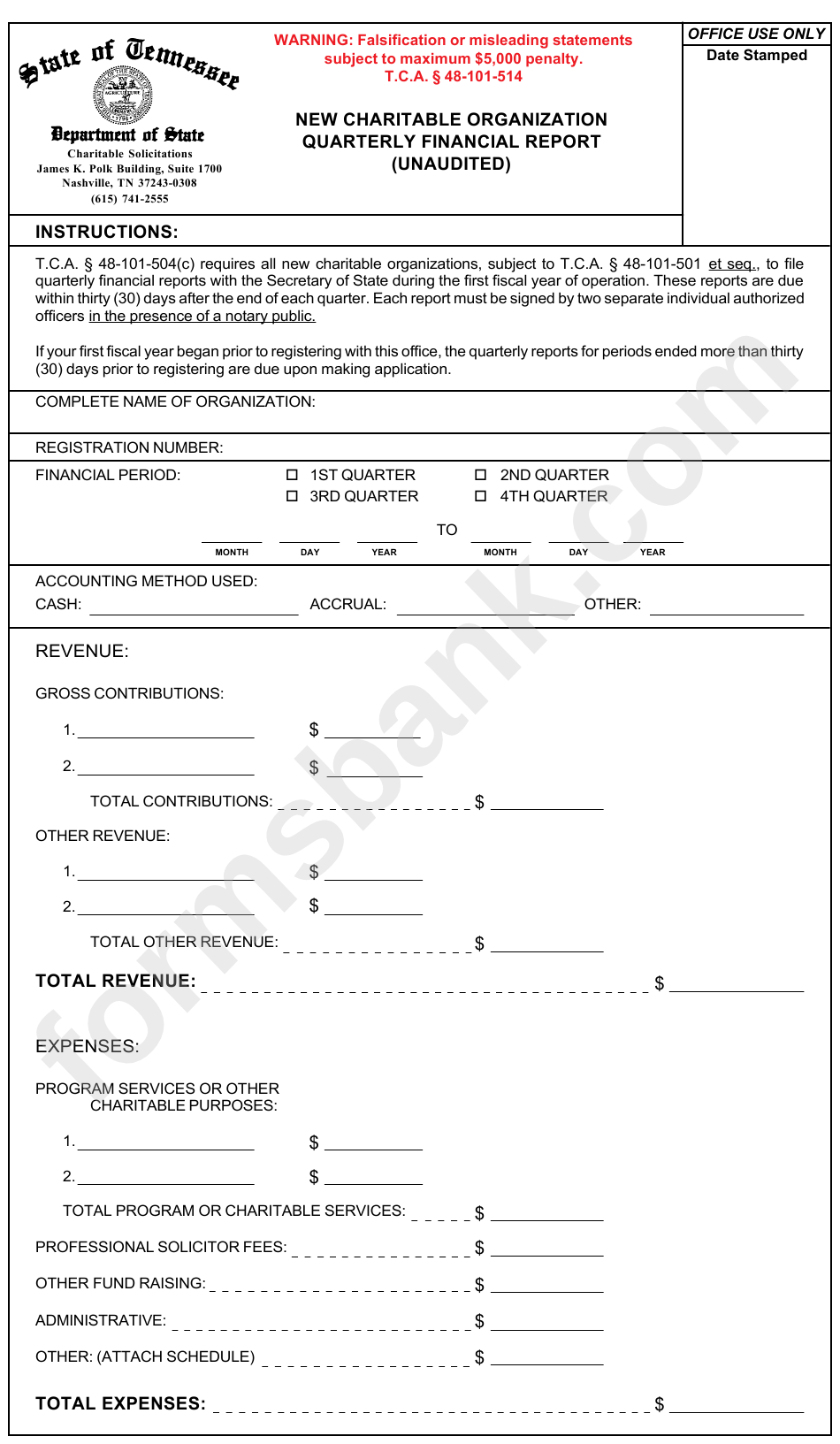 Form Ss-6039 - New Charitable Organization Quarterly Financial Report (Unaudited)