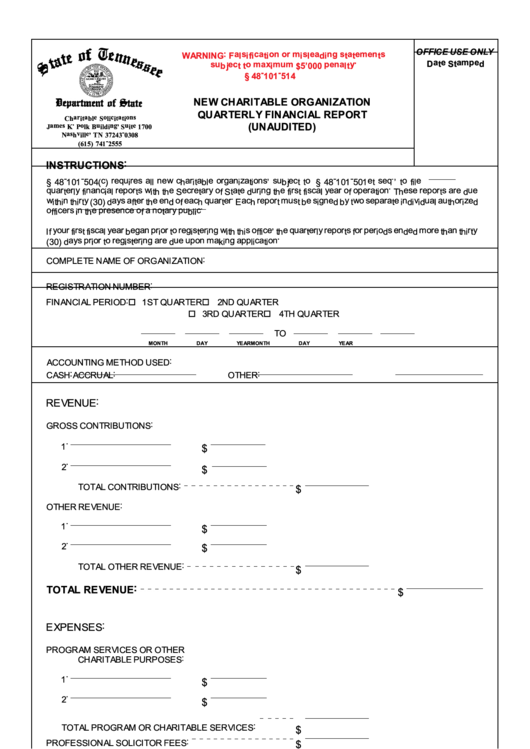 Form Ss-6039 - New Charitable Organization Quarterly Financial Report (Unaudited) Printable pdf