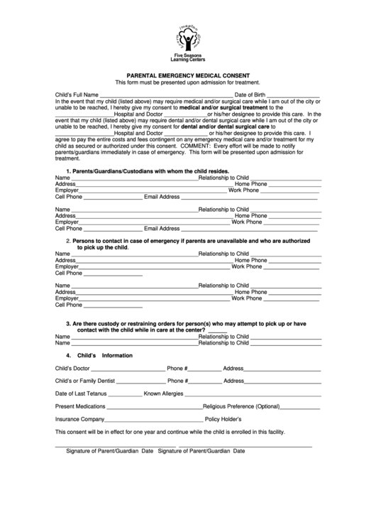 Parental Emergency Medical Consent Form Printable pdf