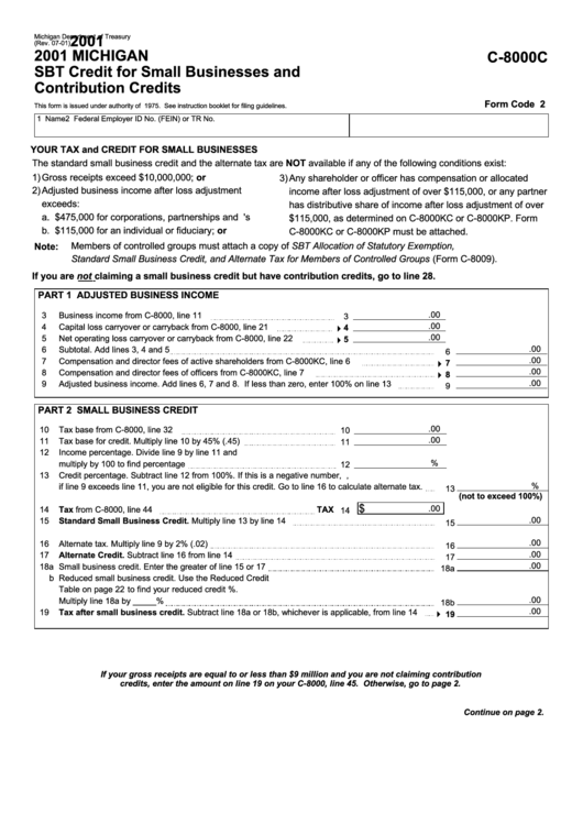 Form C-8000c - Michigan Sbt Credit For Small Businesses And Contribution Credits - 2001 Printable pdf