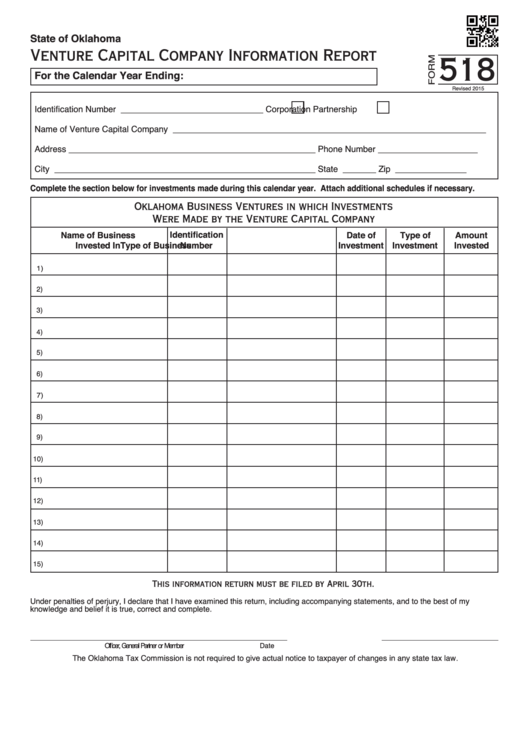 Fillable Form 518 - Venture Capital Company Information Report Printable pdf