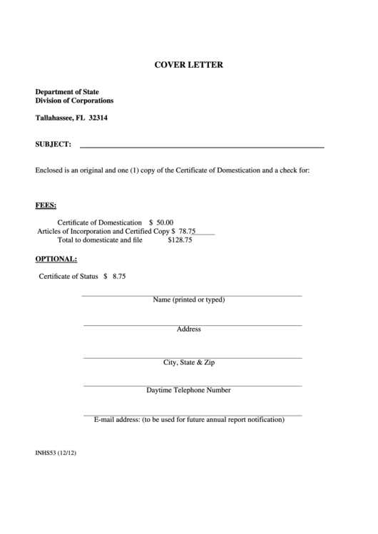 Fillable Form Inhs53 - Cover Letter - Certificate Of Domestication - Articles Of Incorporation - 2012 Printable pdf