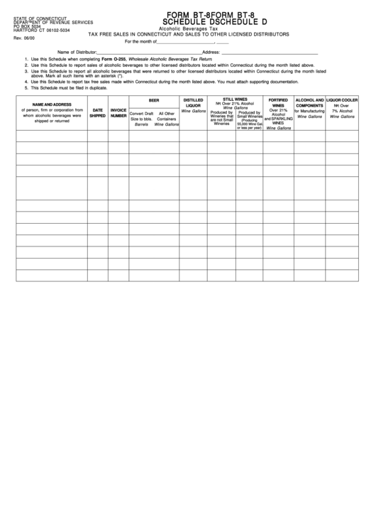 Form Bt-8 - Schedule D - Alcoholic Beverages Tax Printable pdf