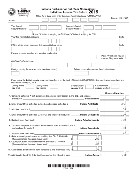 Fillable Form It-40pnr - Indiana Part-Year Or Full-Year Nonresident Individual Income Tax Return - 2015 Printable pdf