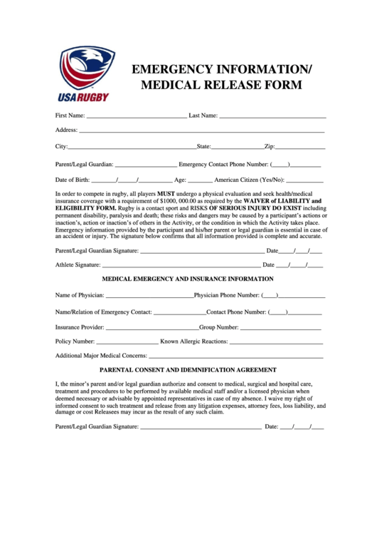 Emergency Information/medical Release Form Printable pdf