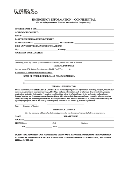 Emergency Information - Confidential Form Printable pdf