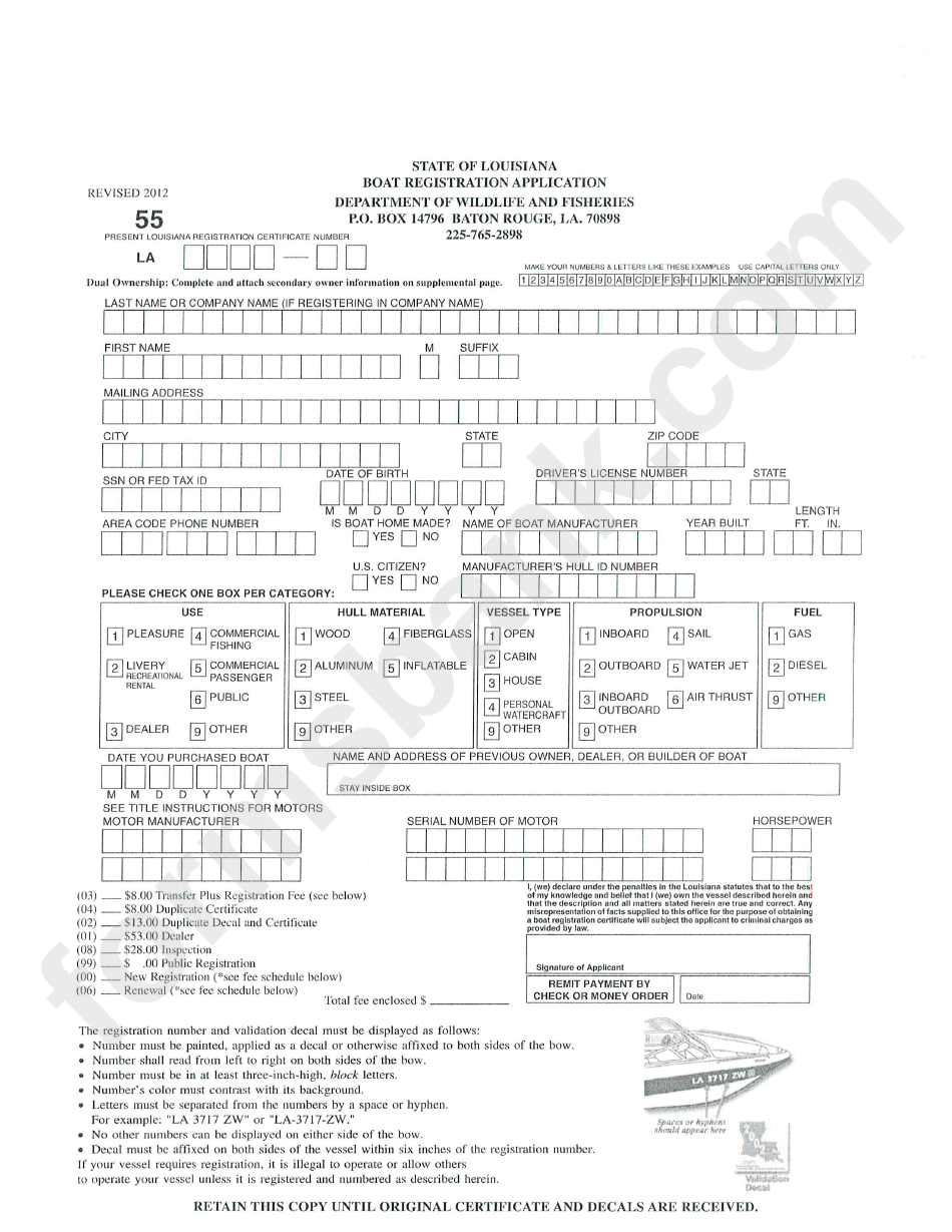 Form 55 -Boat Registration Application - State Of Louisiana