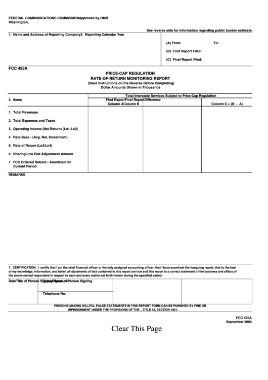 Fillable Form Fcc 492a - Price-Cap Regulation Rate-Of-Return Monitoring Report Printable pdf