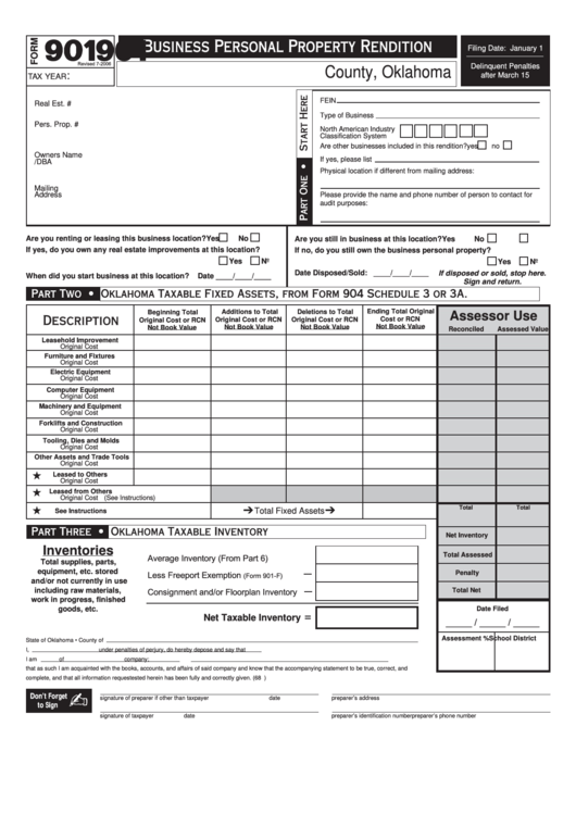 Fillable Form 901 - Business Personal Property Rendition Printable pdf