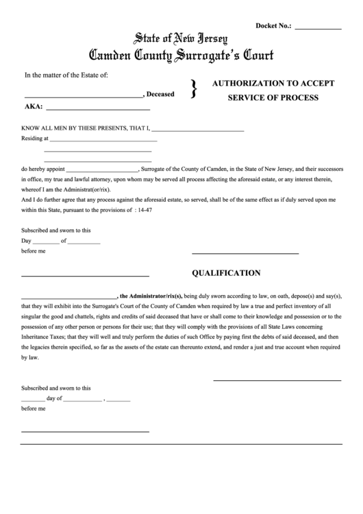 Authorization To Accept Service Of Process Form