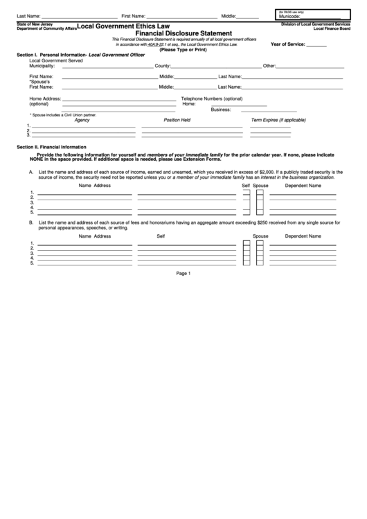 Fillable Local Government Ethics Law Financial Disclosure Statement Form Printable pdf