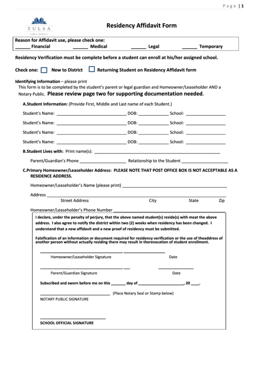 Residency Affidavit Form Printable pdf