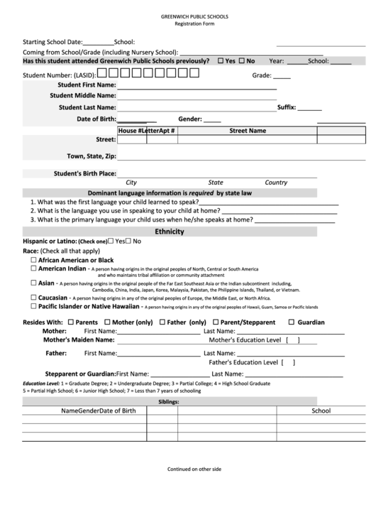 Greenwich Public Schools Registration Form Printable pdf