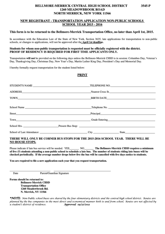 Fillable Form 3545-P - New Registration - Transportation Application Non-Public Schools 2015-16 Printable pdf